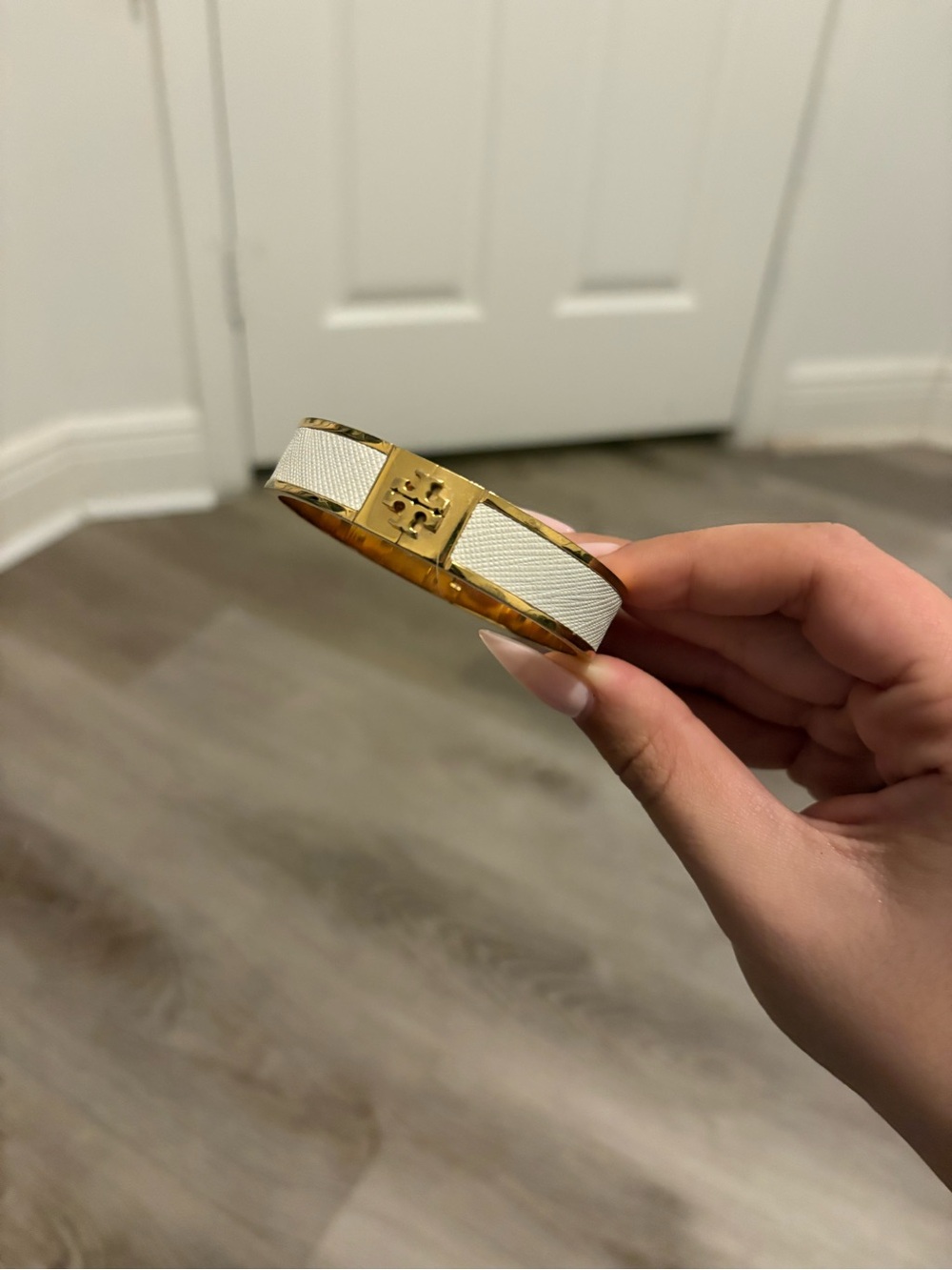 Tory Burch White Enamel and Gold Logo Hinged Bracelet